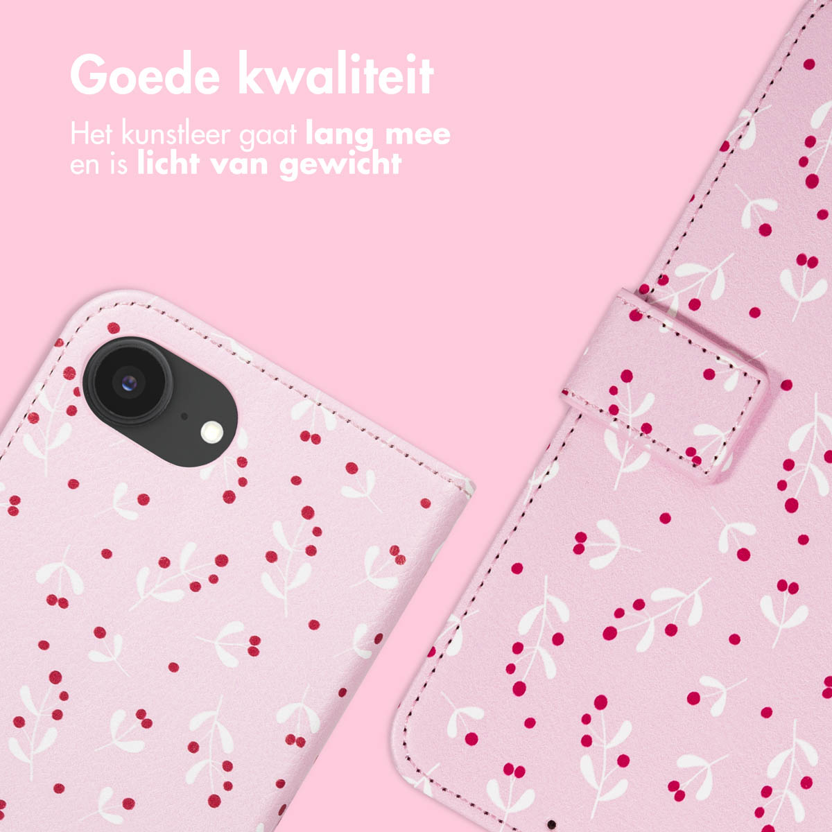 Roze telefoonhoesje met witte bladeren en rode bessen. De hoes is open en toont een cameralens en een sluiting.