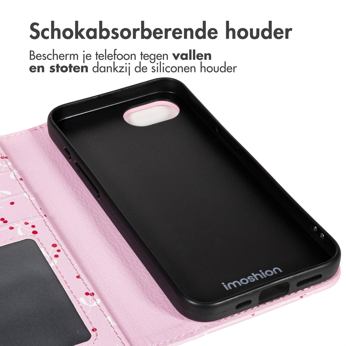 Zwarte telefoonhoes met roze bloemenportemonnee. Tekst: 'Schokabsorberende houder'. Hoes is open, met de binnenkant zichtbaar.