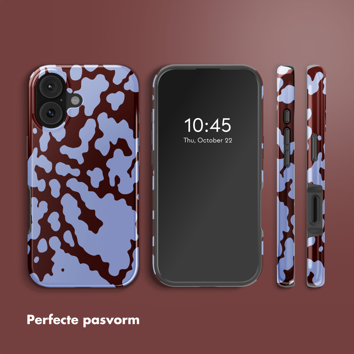 Un telefono, una custodia e due viste laterali di una custodia. Motivo astratto marrone e blu. Il telefono mostra le 10:45 e la data.