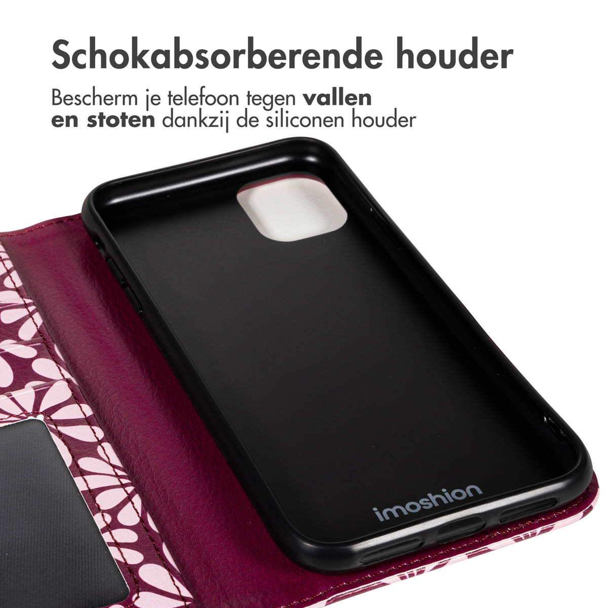 Coque de téléphone noire avec la marque 'imoshion'. Elle est ouverte, révélant l'intérieur et une couverture bordeaux à motifs.