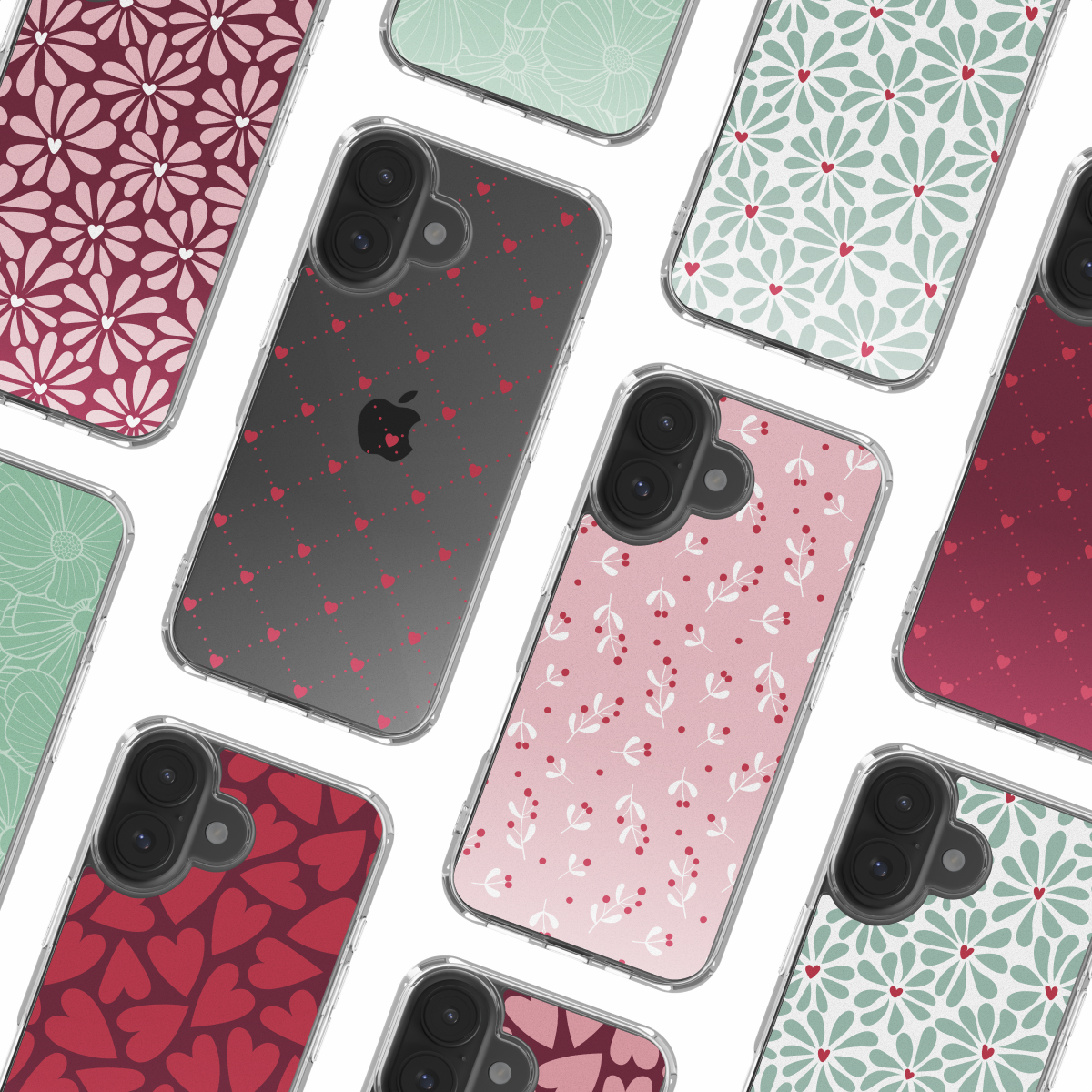 Collection d'étuis pour iPhone avec divers motifs : cœurs, fleurs et baies. Étuis transparents avec bosses noires pour l'appareil photo. Fond blanc.