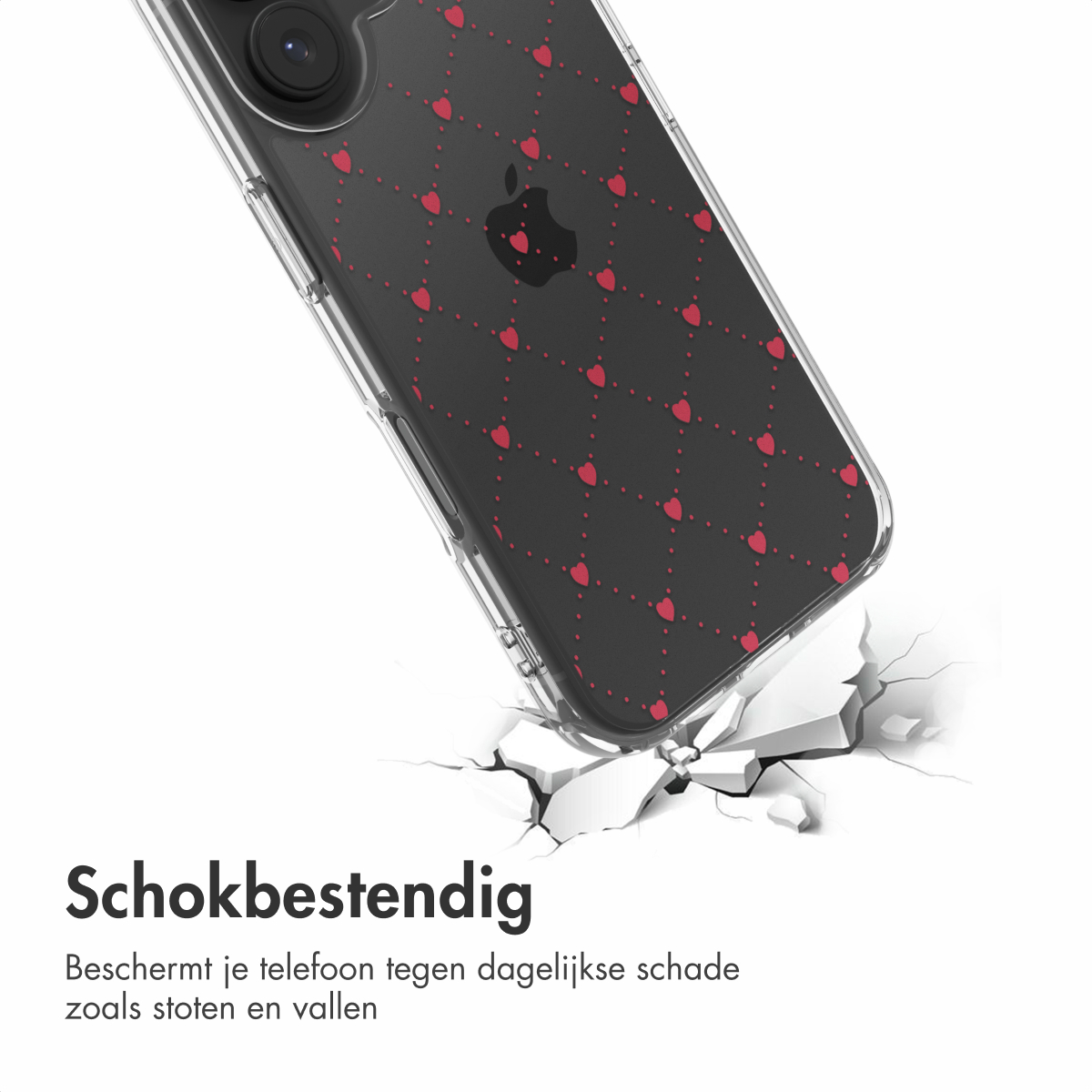 Coque de téléphone transparente avec motif de cœurs rouges sur fond noir. Le téléphone brise une surface blanche.