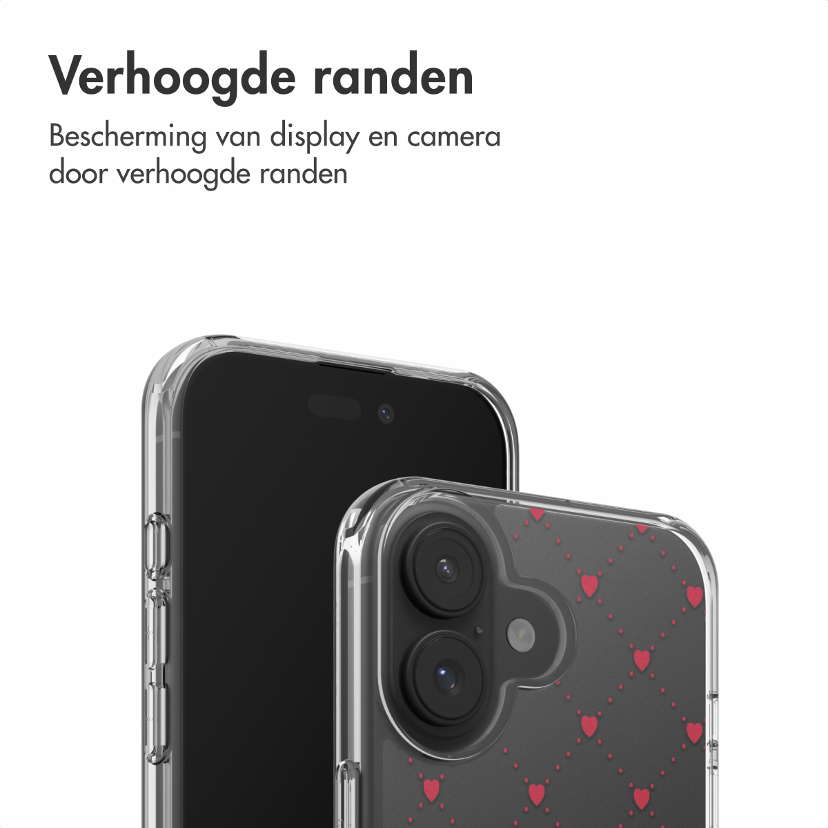 Deux smartphones dans des coques transparentes. L'un a un écran noir, l'autre un motif de cœur. Texte en haut: 'Bords surélevés'.