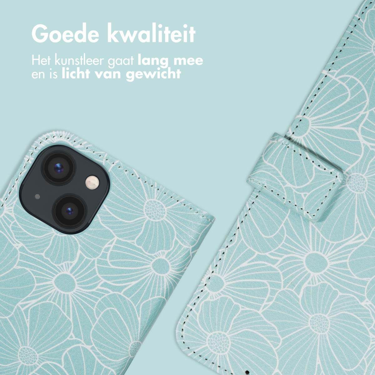 Een turquoise telefoonhoesje met witte bloemenpatroon is open. Er ligt een telefoon naast. Nederlandse tekst: 'Goede kwaliteit'.