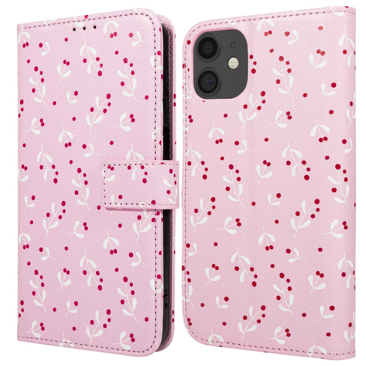 Étui de téléphone rose avec motif de feuilles blanches et baies rouges. Il a une fermeture magnétique. L'étui est ouvert.
