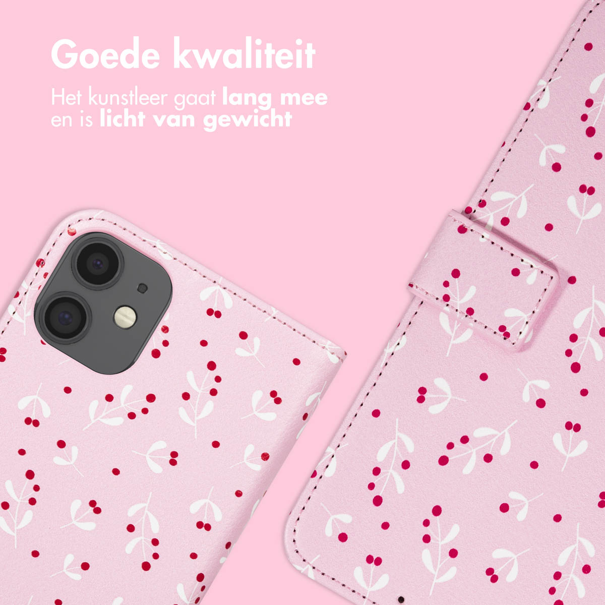 Étui de téléphone rose avec motif de feuilles blanches et baies rouges. Le téléphone est noir. Fond rose avec texte.