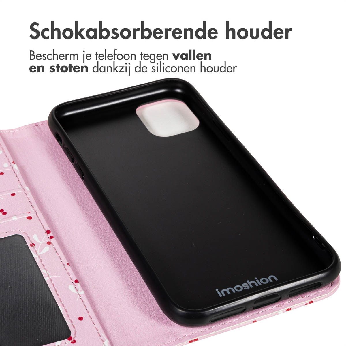 Coque de téléphone noire avec portefeuille floral rose. Le texte indique 'Schokabsorberende houder'. La coque est de la marque imoshion.