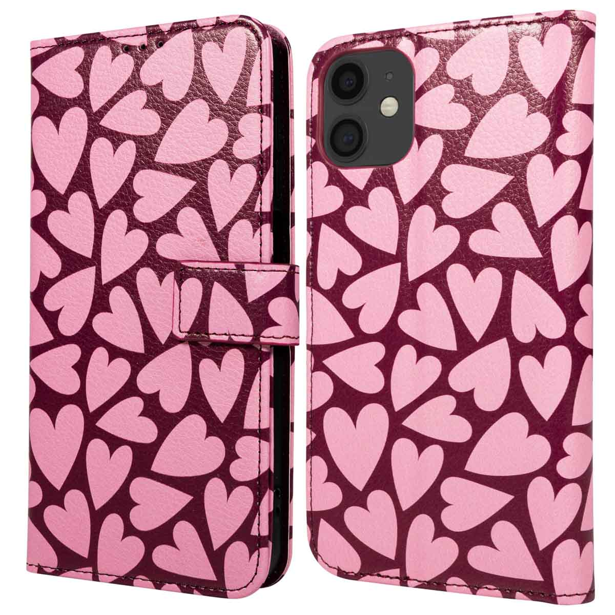 Un étui de téléphone rose avec un motif de cœurs sur fond bordeaux. L'étui est ouvert et fermé.