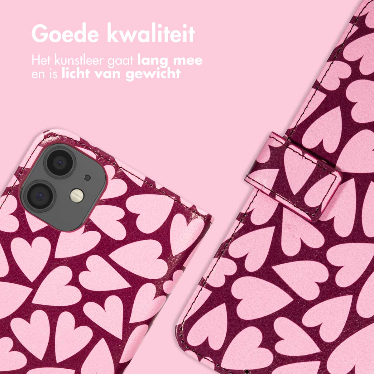Une coque de téléphone avec un motif de cœurs rose et bordeaux. L'étui est ouvert, montrant l'appareil photo et les boutons du téléphone.