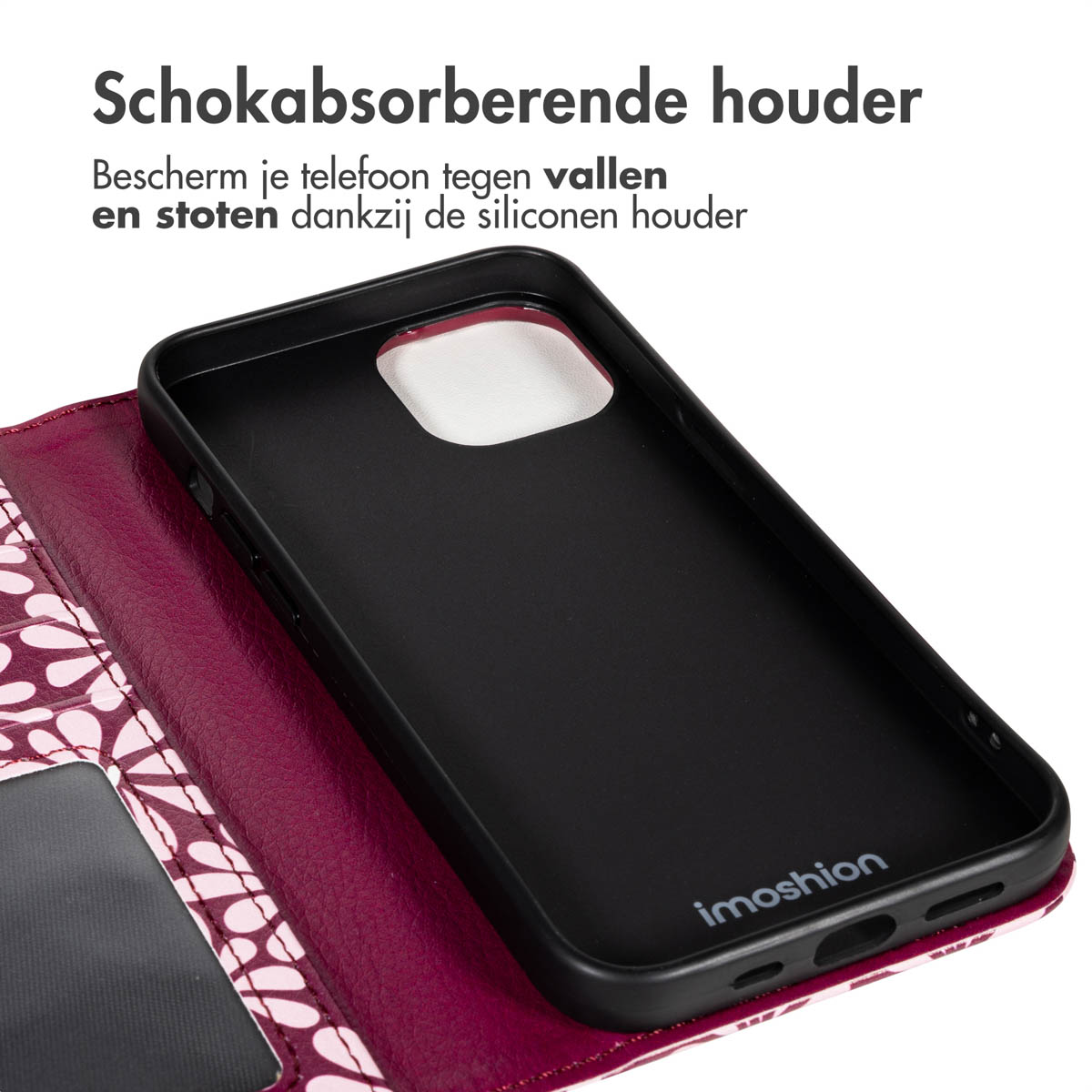 Een zwarte telefoonhoes met imoshion-logo, opengeklapt op een rood patroon. Tekst bovenaan: 'Schokabsorberende houder'.