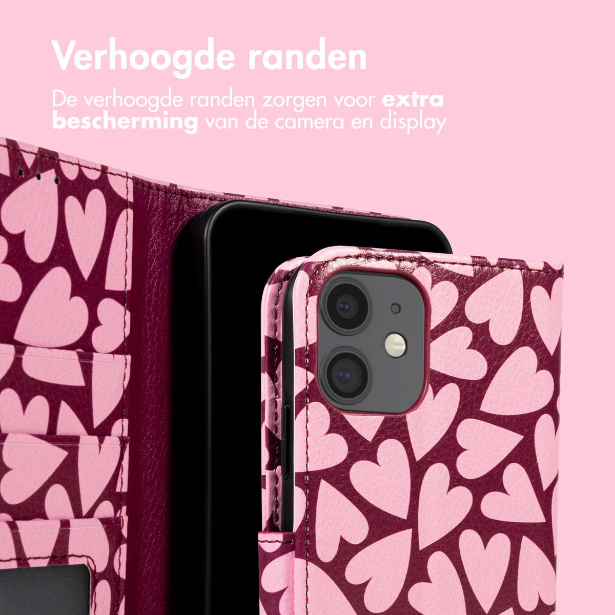Une coque de téléphone avec un motif de cœur. L'étui est ouvert, montrant le téléphone à l'intérieur. L'étui est rose et marron.
