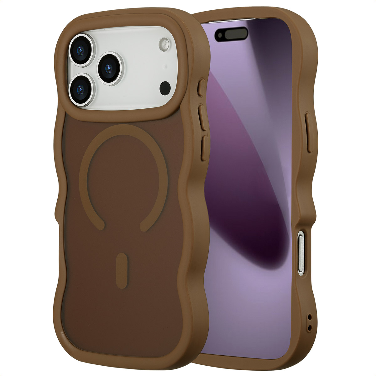 Een bruine telefoonhoes met een golvend ontwerp. Het heeft uitsparingen voor de camera en bedekt het scherm. De beschermer is paars.
