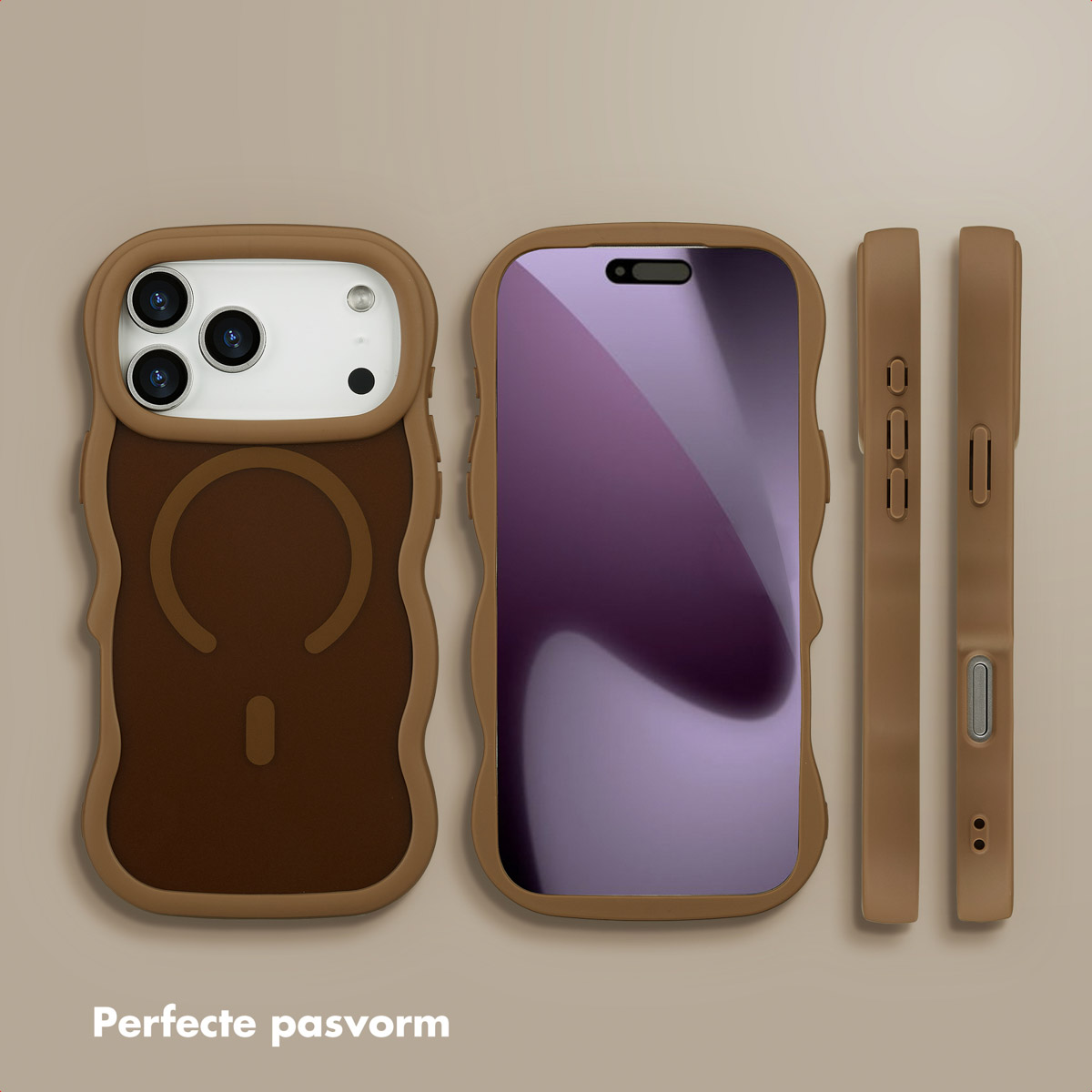 Een telefoonhoesjesset in bruine tinten. Bevat achter-, scherm- en zijaanzichten. De hoes heeft een golvende rand en lijkt van siliconen te zijn.