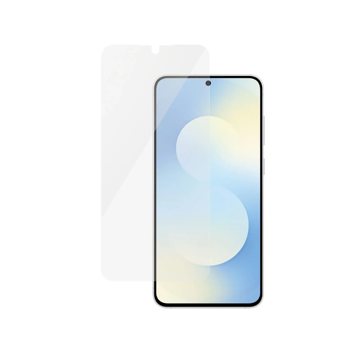 A smartphone with a screen protector. The phone has a light blue and yellow gradient display. The protector is transparent.