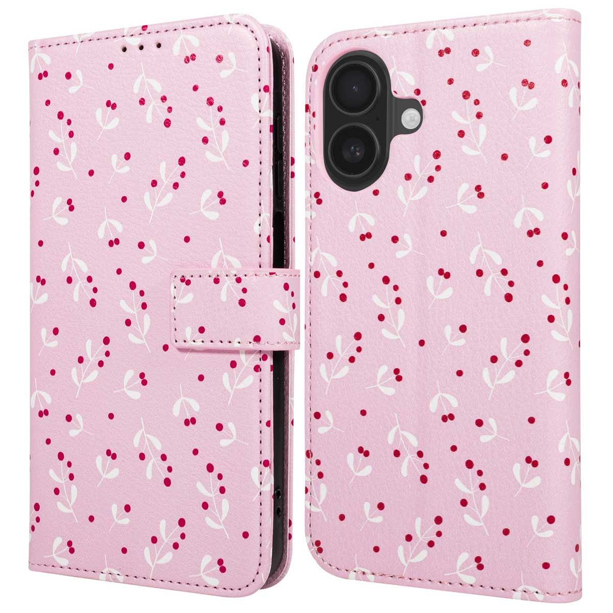 Roze telefoonhoesje met bloemenpatroon van witte bladeren en rode bessen, open.