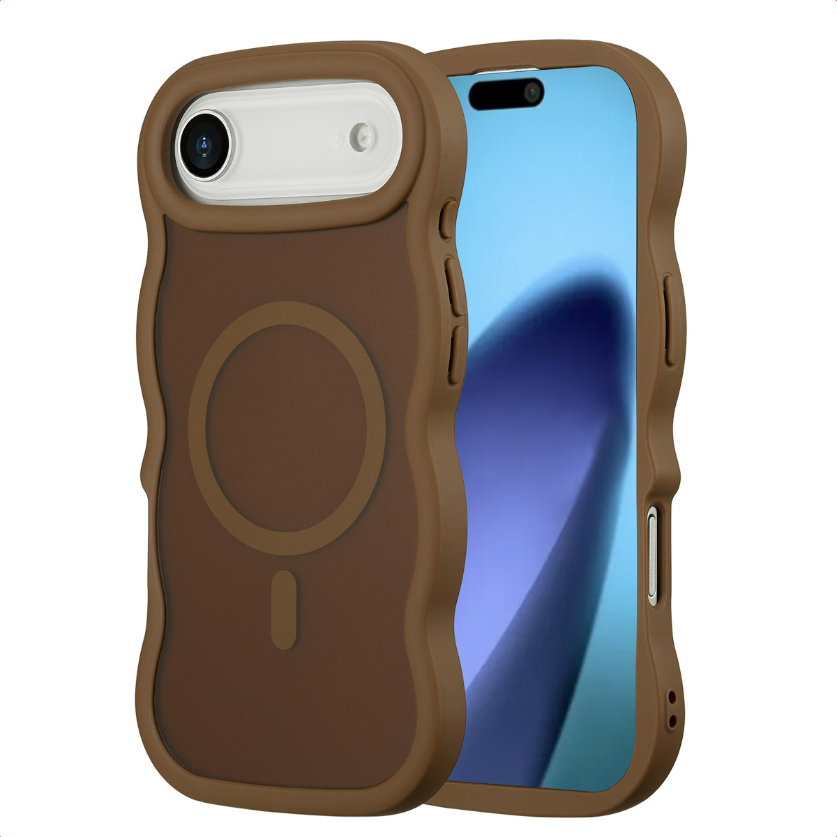 Una custodia marrone per telefono con fotocamera e schermo. La custodia ha un design circolare sul retro.