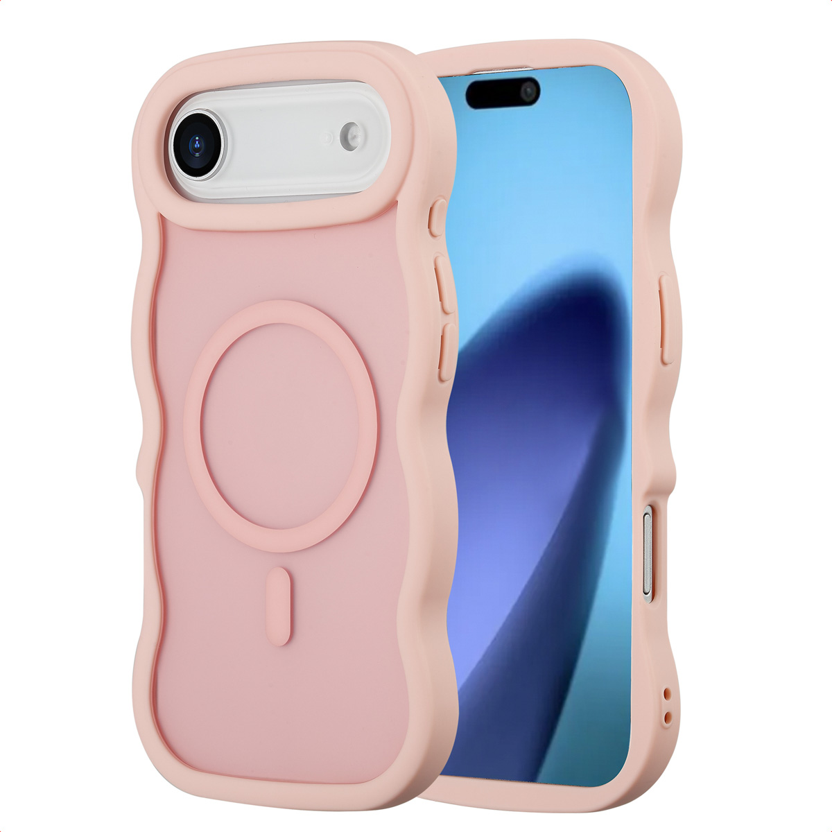 Una custodia rosa con un telefono dentro. La custodia ha un design ondulato e un cerchio sul retro. Lo schermo è blu.