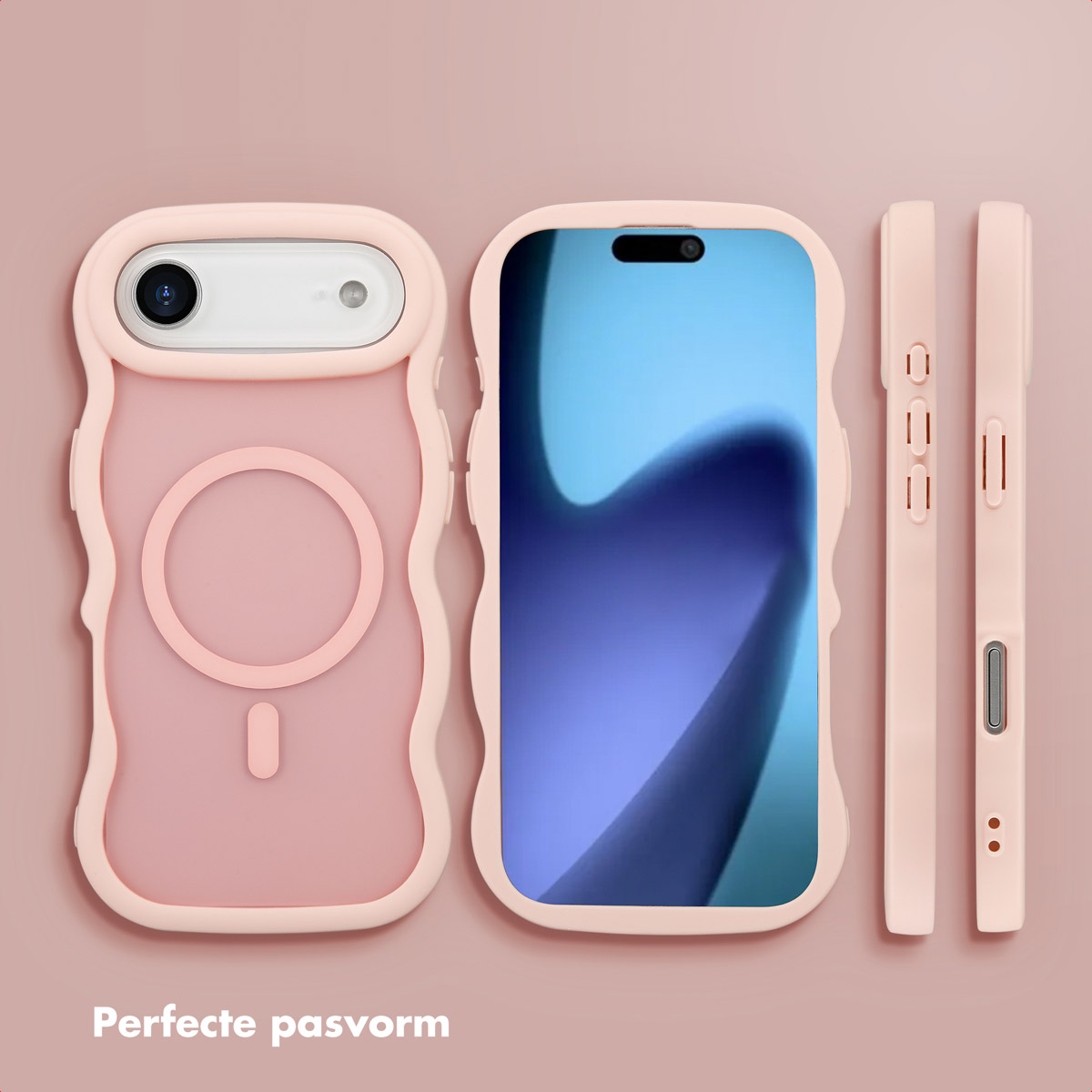 Custodie rosa per telefono, viste frontali, posteriori e laterali. Lo schermo del telefono è visibile in una custodia. Testo 'Vestibilità perfetta'.
