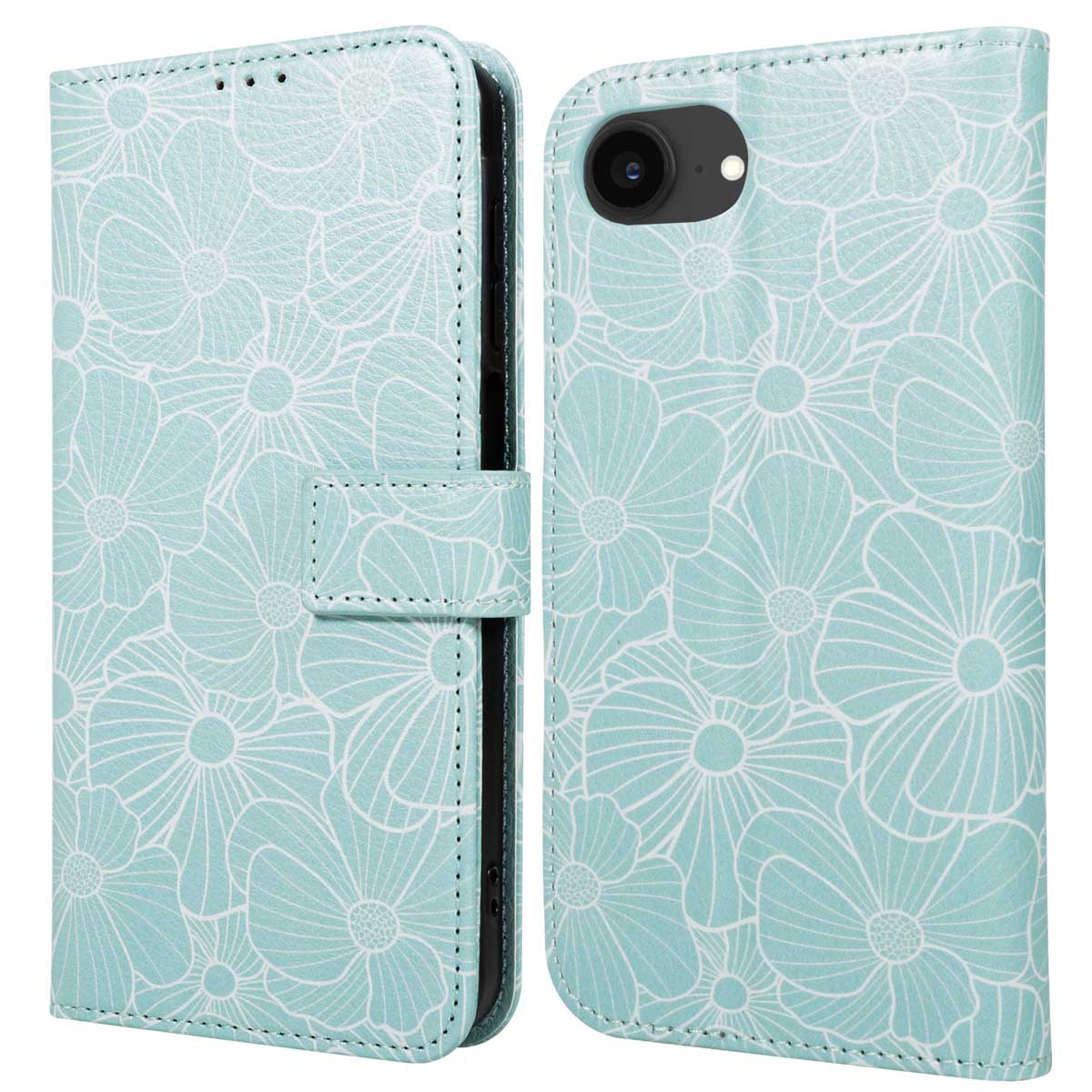 Een lichtblauwe telefoonhoes met wit bloemenpatroon. De hoes is open en onthult de camera van de telefoon en de binnenkant.