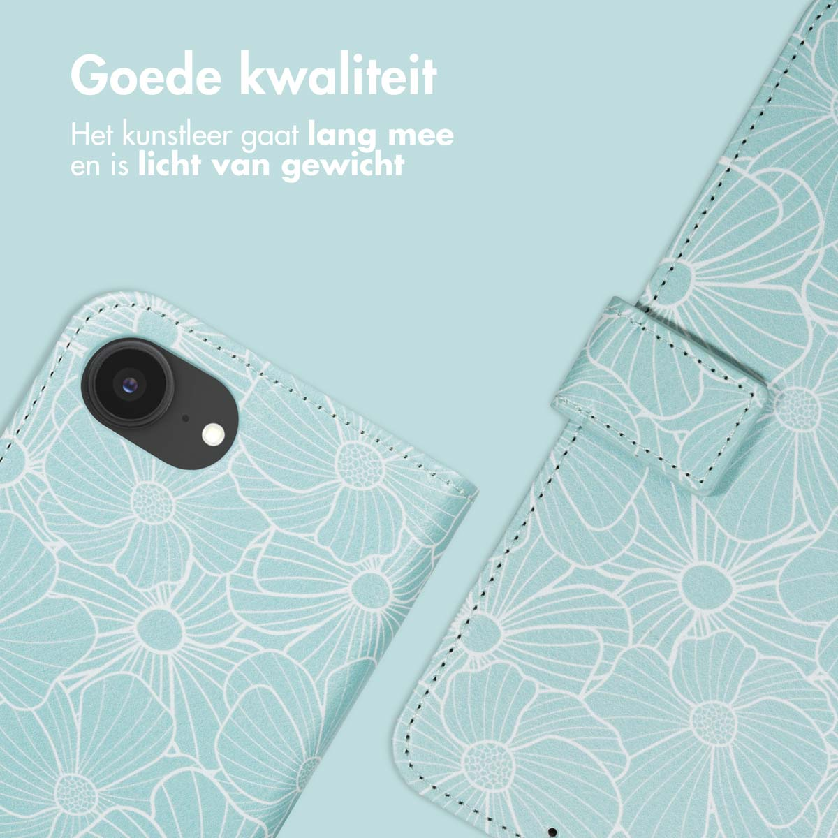 Een lichtblauwe telefoonhoes met bloemmotief. De Nederlandse tekst bovenaan luidt 'Goede kwaliteit'.