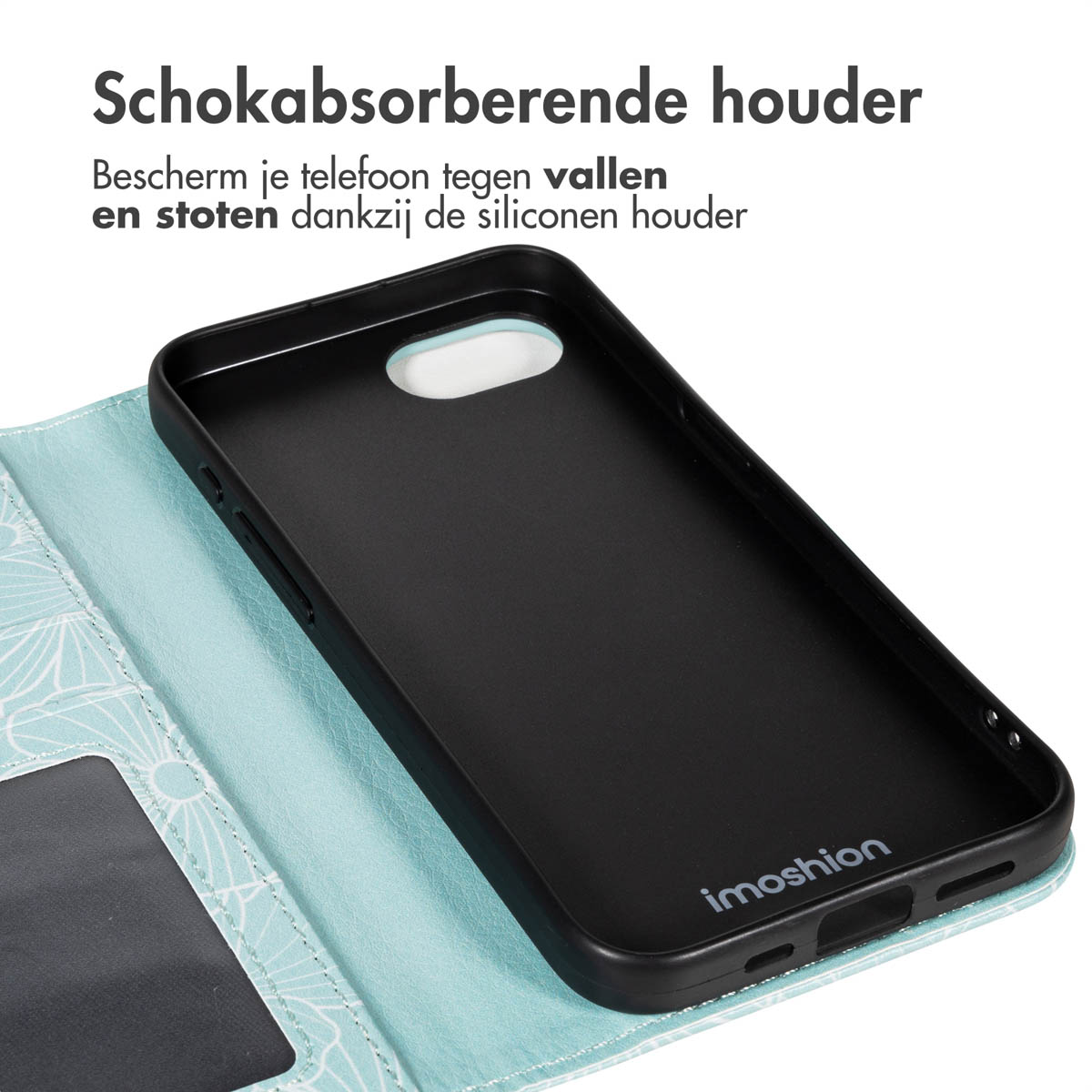 Zwarte telefoonhoes in een blauwe hoes. Bovenop staat 'Schokabsorberende houder'.