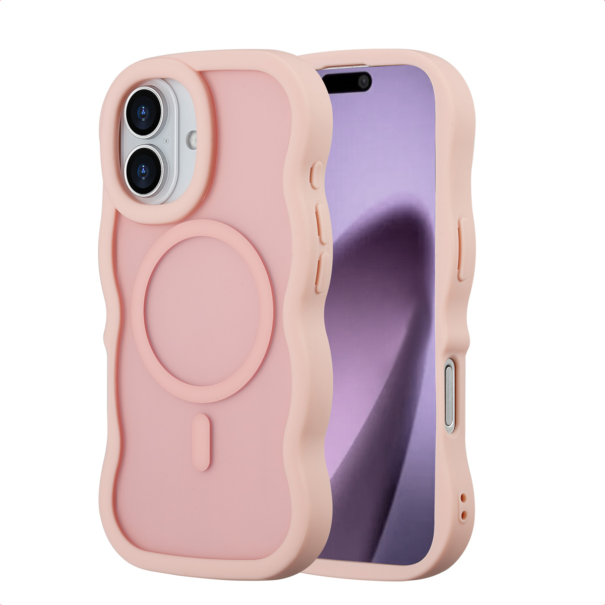 Twee roze telefoonhoesjes, één met een telefoon erin. De hoesjes hebben een golvend randontwerp en cirkelvormige details aan de achterkant.