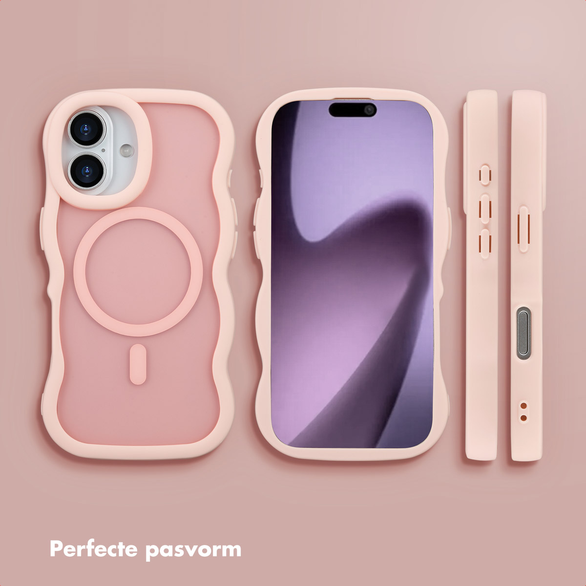 Roze telefoonhoesjes in verschillende delen, waaronder een hoesje met telefoon, zijknoppen en camera-uitsparingen op roze achtergrond.