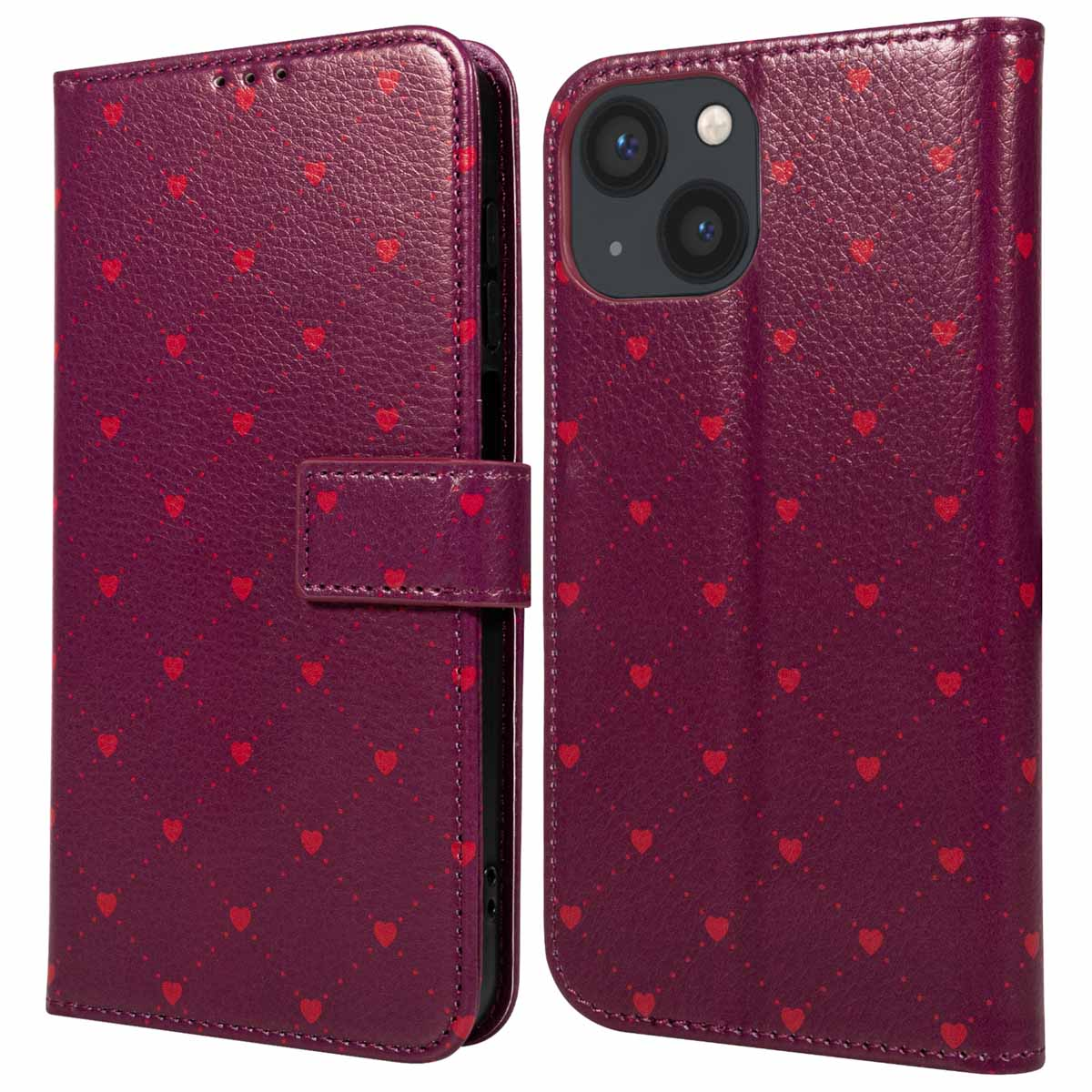 Een paarse telefoonhoes met rode hartpatronen. De hoes is open en toont de telefoon en de cameralenzen.