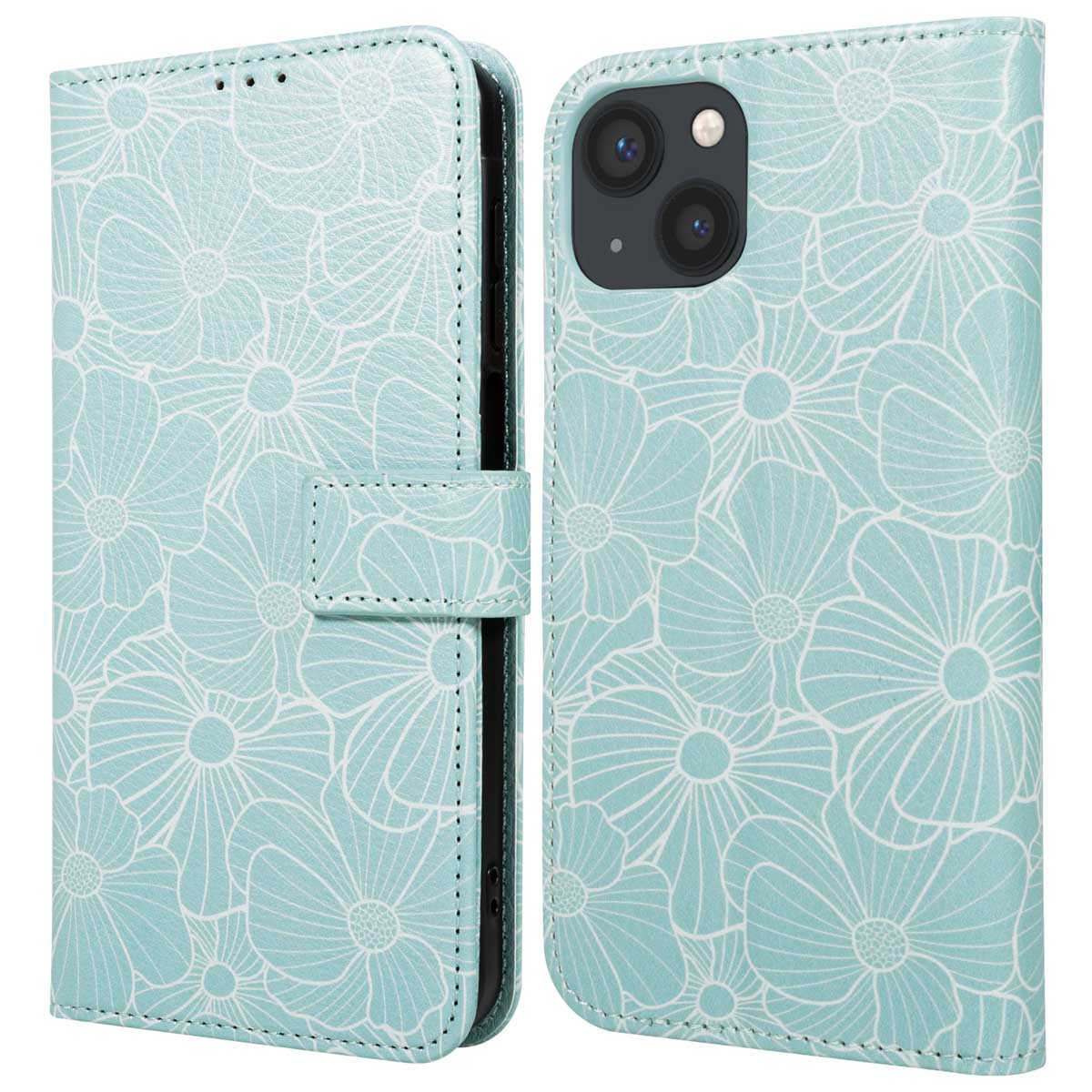 Un étui de téléphone bleu clair avec un motif floral. L'étui est ouvert, révélant les lentilles de l'appareil photo. Il a une fermeture magnétique.