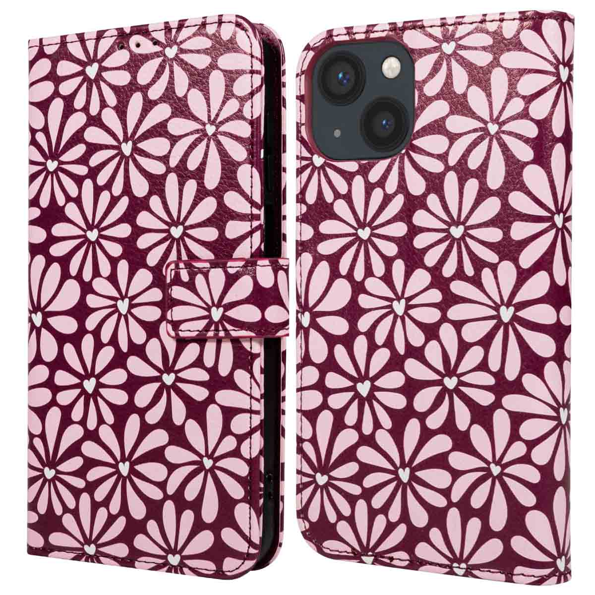 Een telefoonhoesje met een bordeauxrode achtergrond en een herhaald roze madeliefpatroon met witte hartcentra, gesloten en open.