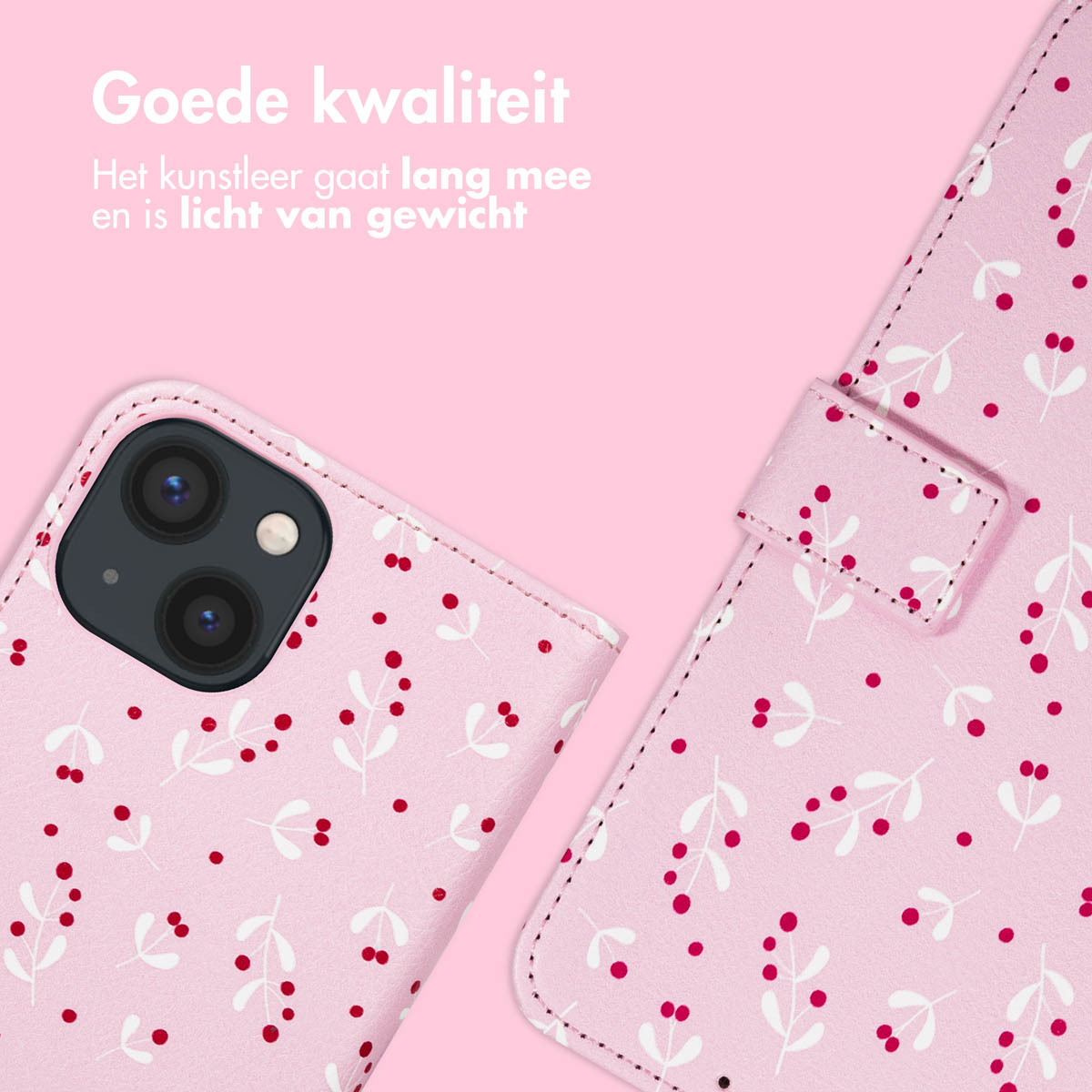 Roze telefoonhoesje met wit bloemmotief en rode bessen. De hoes is open en toont de camera van de telefoon. Roze achtergrond.