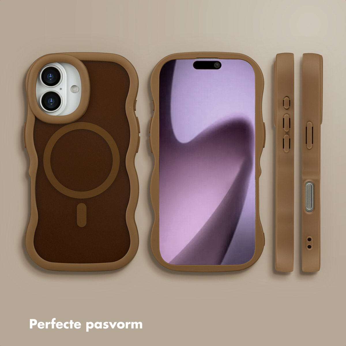 Een iPhone-hoesjeset in bruine en beige tinten. Toont de telefoon in een hoesje, de zijknoppen en de bovenste delen.