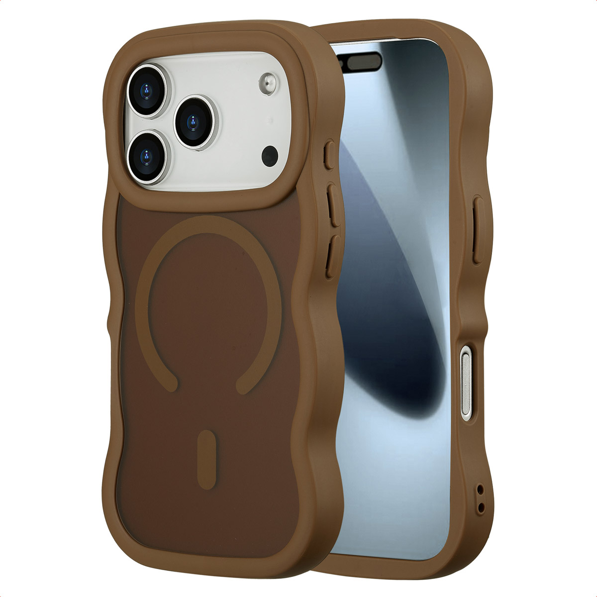 Een bruine telefoonhoes met een telefoon erin. De hoes heeft een uitsparing voor de camera en een magnetisch cirkelontwerp. Het scherm van de telefoon is zichtbaar.