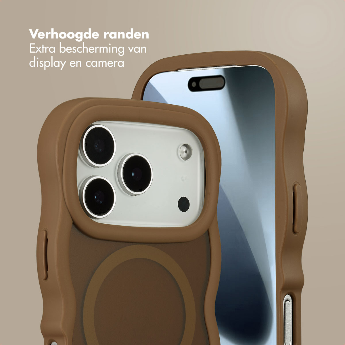 Een bruine telefoonhoes beschermt een telefoon. De hoes heeft een verhoogde rand en beschermt het scherm en de camera.