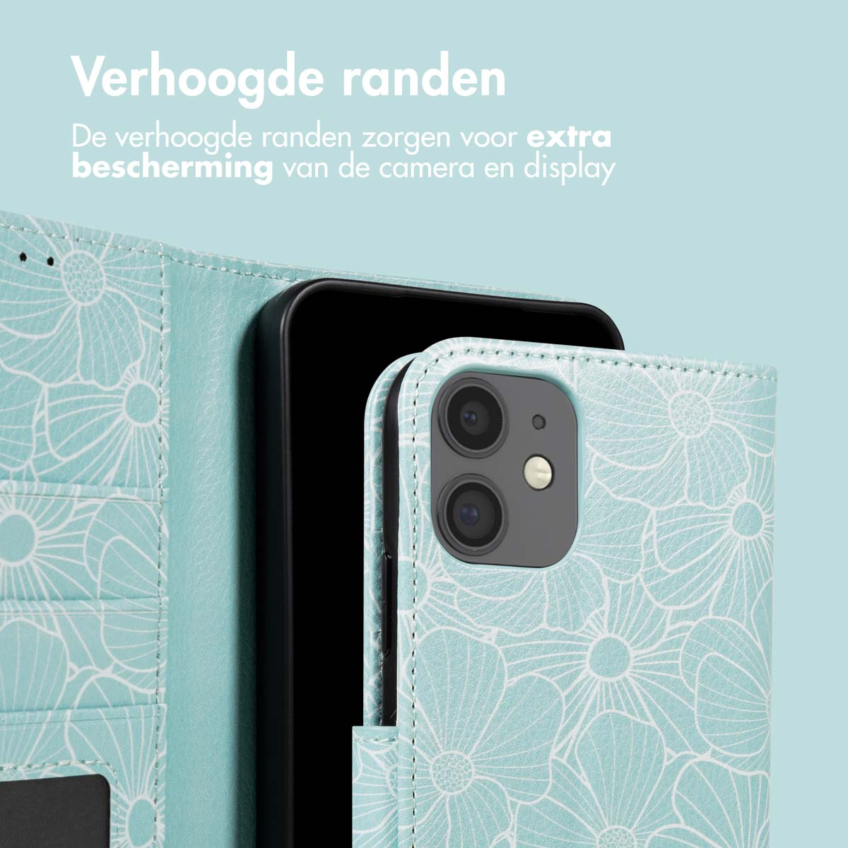 Un telefono in una custodia floreale azzurra. La custodia è aperta, mostrando la fotocamera e lo schermo del telefono.
