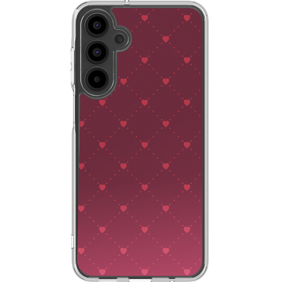 Een telefoonhoesje met een rood hartjespatroon op een donkerrode gradiënt achtergrond. Het heeft een transparant frame en drie camera's.