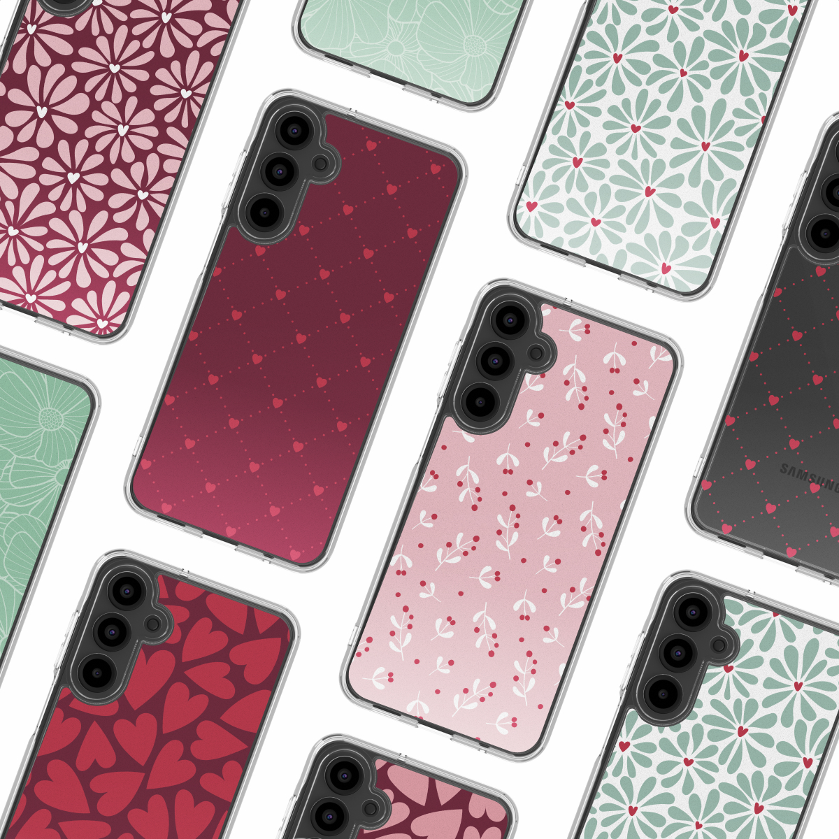 Meerdere telefoonhoesjes met verschillende patronen: harten, bloemen en bladeren. Kleuren zijn rood, roze en groen, allemaal op een witte achtergrond.