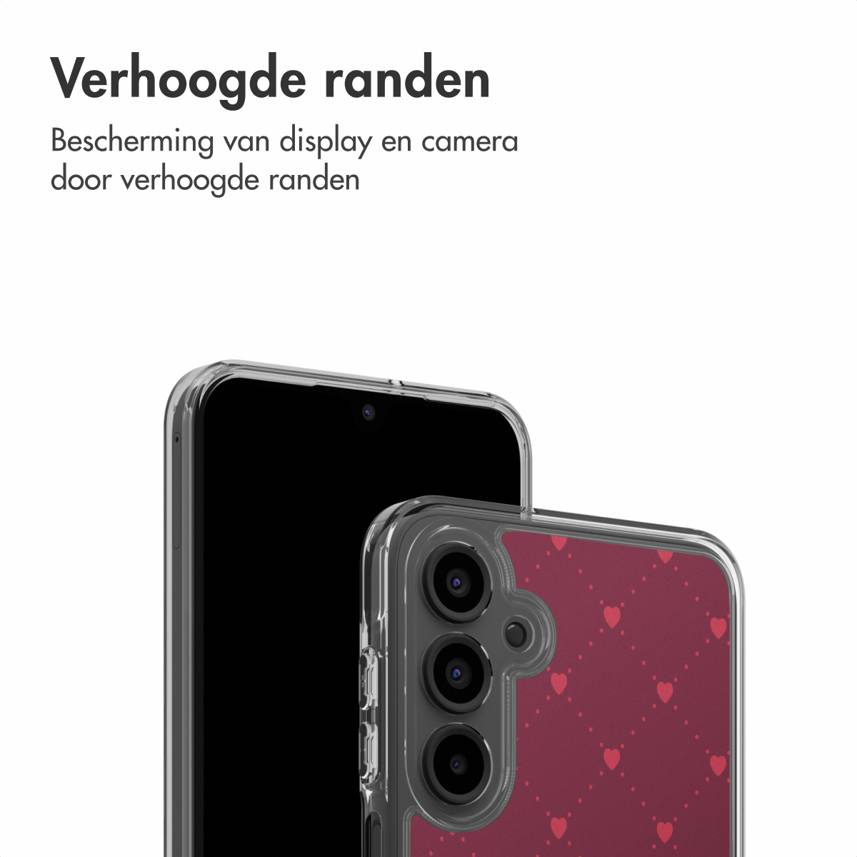 Een smartphone met een rode hartjespatroonhoes naast een zwarte smartphone. De hoes heeft verhoogde randen.