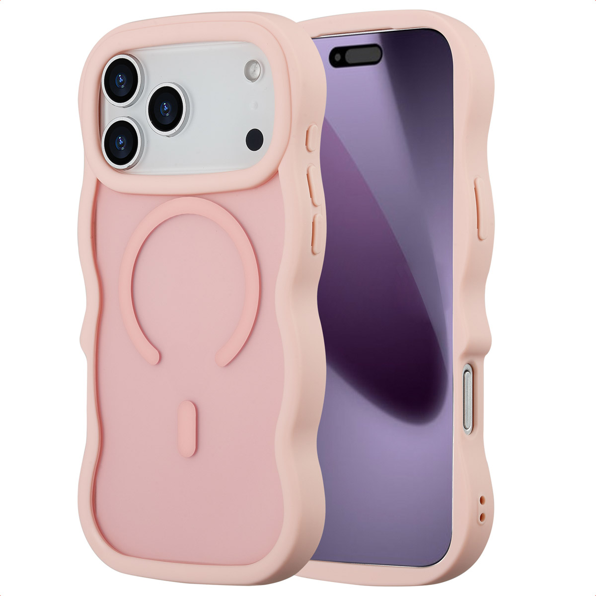 Une coque de téléphone rose avec un design ondulé, montrant l'appareil photo et l'écran d'un smartphone. La coque a un anneau MagSafe.