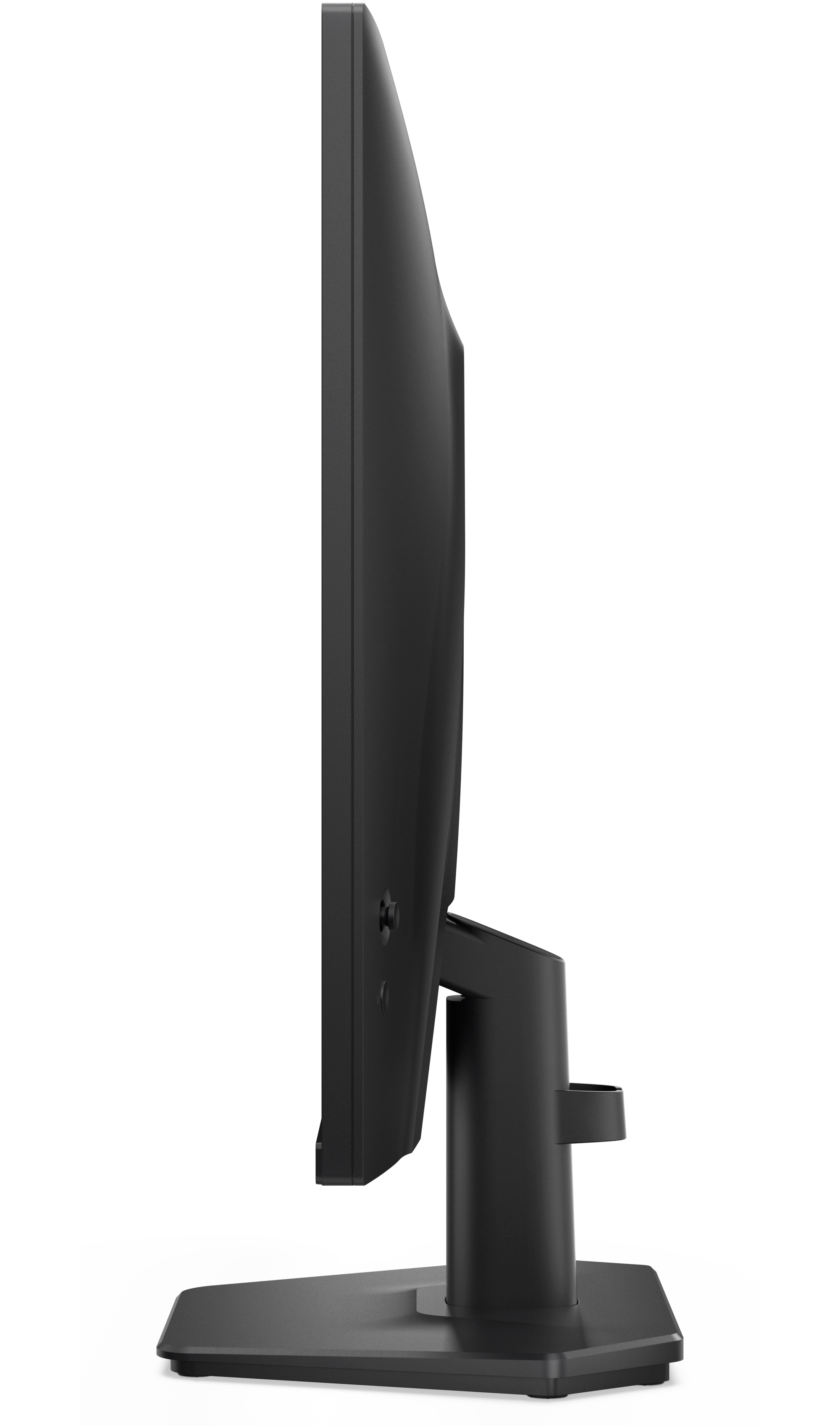 Widok z boku czarnego monitora komputera. Ekran jest ciemny, a podstawa przymocowana, na białym tle.