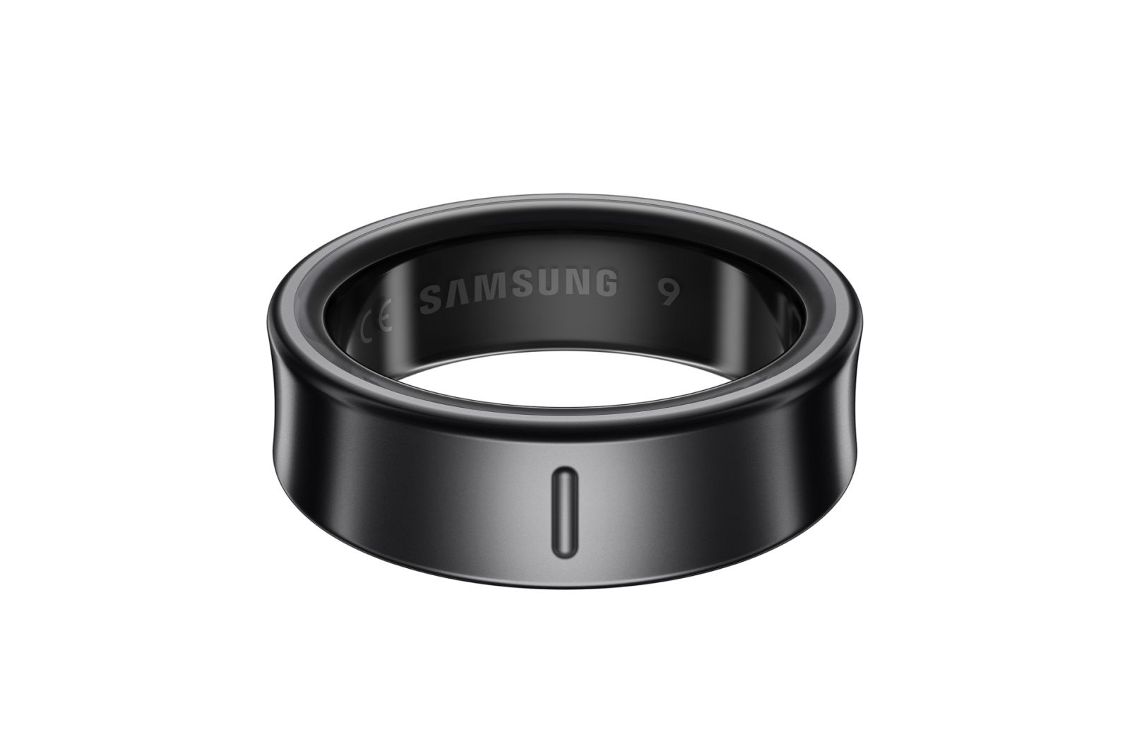 Ein schwarzer Samsung Smart-Ring auf weißem Hintergrund. Der Ring hat den Markennamen und eine einzelne vertikale Linie.