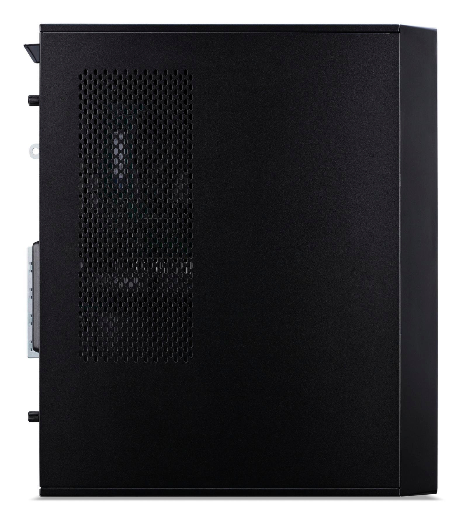 Seitenansicht eines schwarzen Computergehäuses. Es hat eine perforierte Seitenwand und eine schlichte Frontplatte. Weißer Hintergrund.