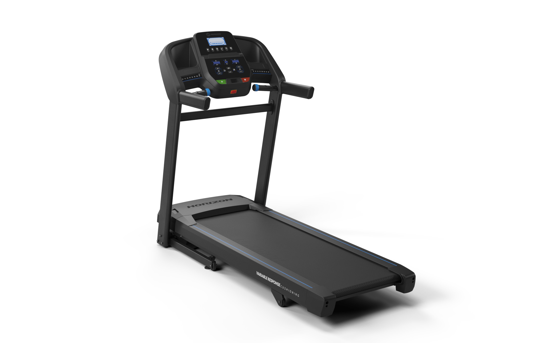 Czarna bieżnia Horizon na białym tle. Posiada panel sterowania, powierzchnię do biegania i uchwyty. Widoczna jest nazwa marki.