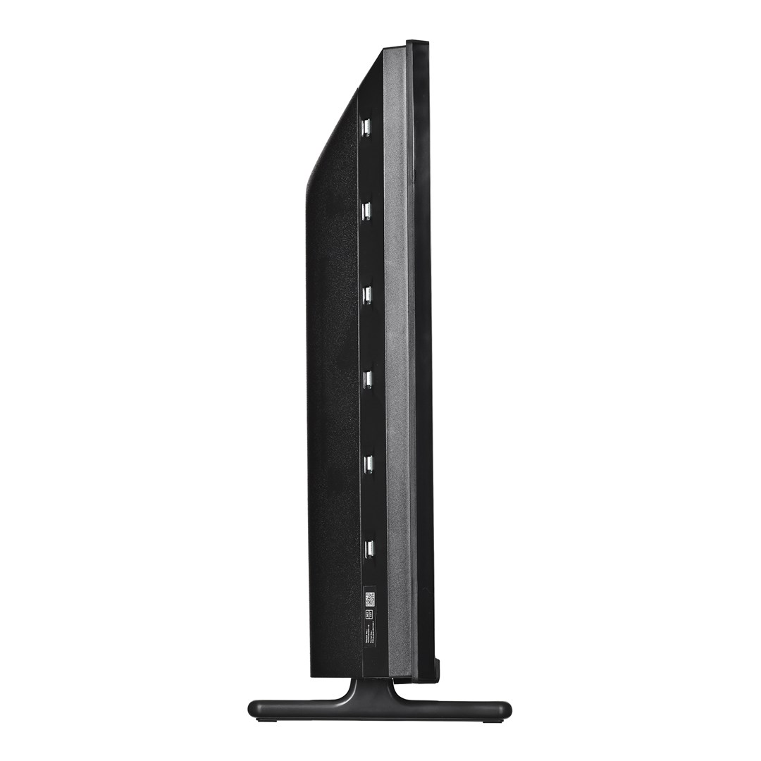 Ein schwarzer Fernseher von der Seite, vor weißem Hintergrund. Der Fernseher hat einen Ständer. Der Rahmen ist schwarz, der Bildschirm grau.
