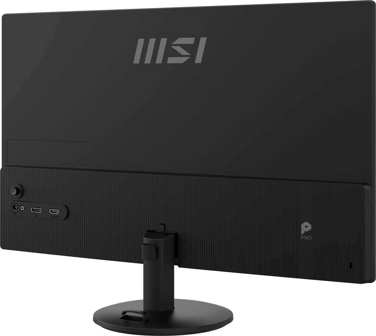 Widok z tyłu czarnego monitora komputerowego. Logo MSI jest widoczne. Obecne są porty DP i HDMI, ze stojakiem.
