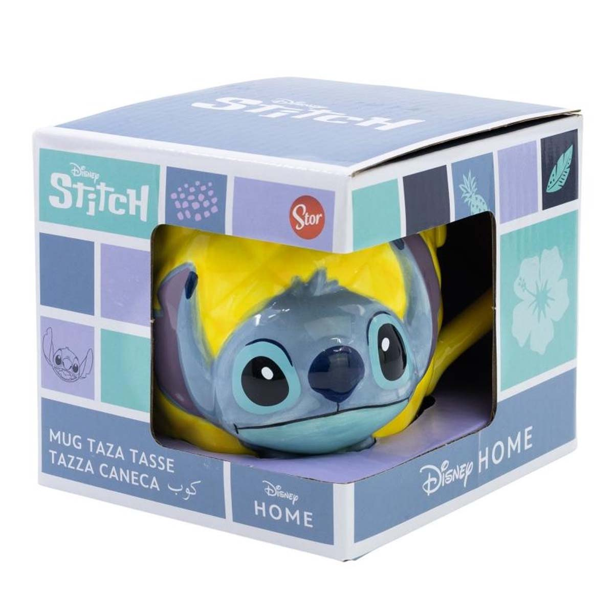Eine Stitch-Tasse in einer Box. Die Tasse ist blau und gelb mit einem lächelnden Stitch-Gesicht. Die Box ist blau und weiß, mit Disney-Marke.
