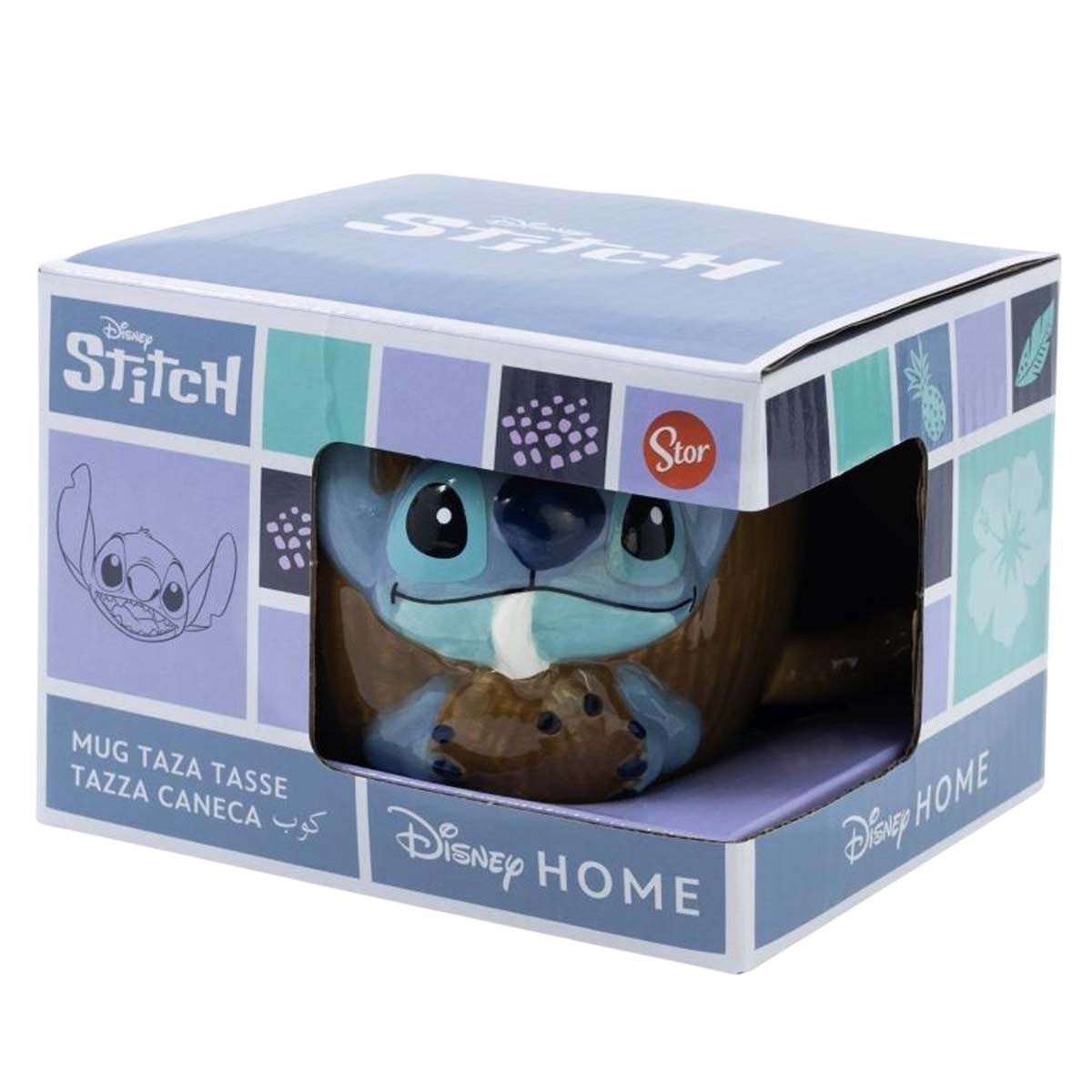 Eine Stitch-Tasse in einer Schachtel. Die Tasse ist blau und braun. Die Schachtel ist hellblau mit Stitch- und Disney Home-Marken.