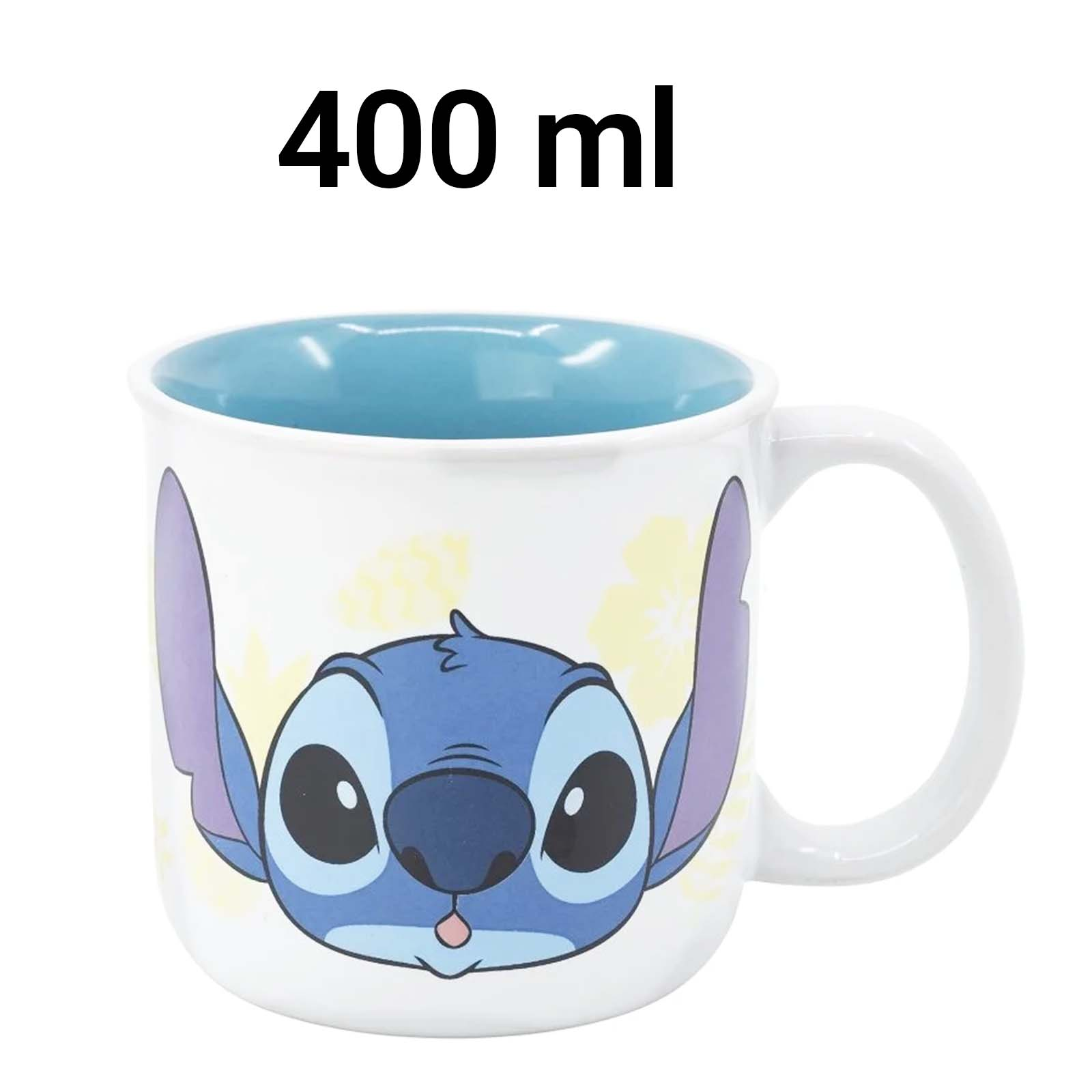 Una taza blanca con diseño de Stitch. El interior es azul y tiene asa. 400 ml está escrito arriba.