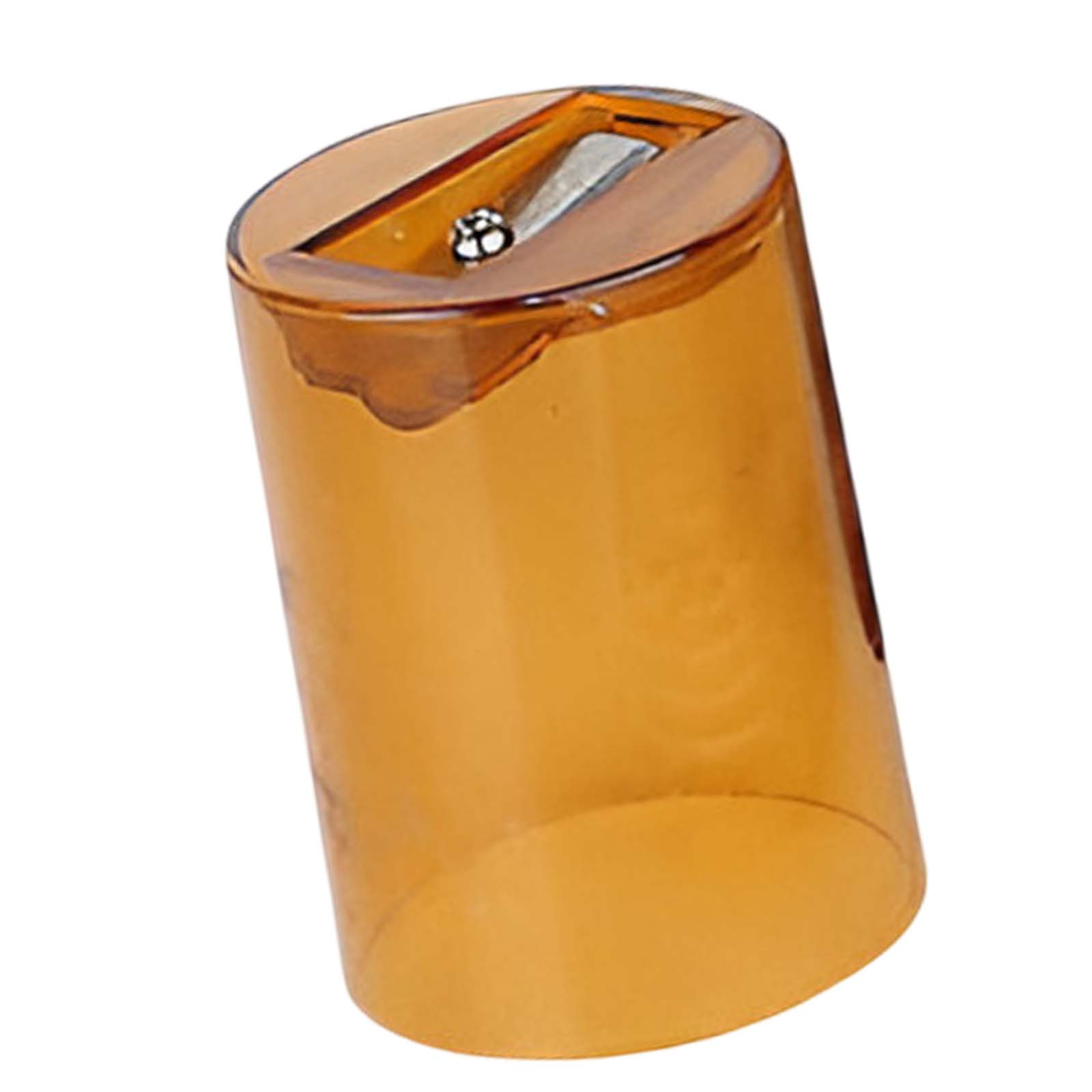 Un sacapuntas naranja con una cuchilla plateada. El sacapuntas tiene un cuerpo transparente. Fondo blanco.