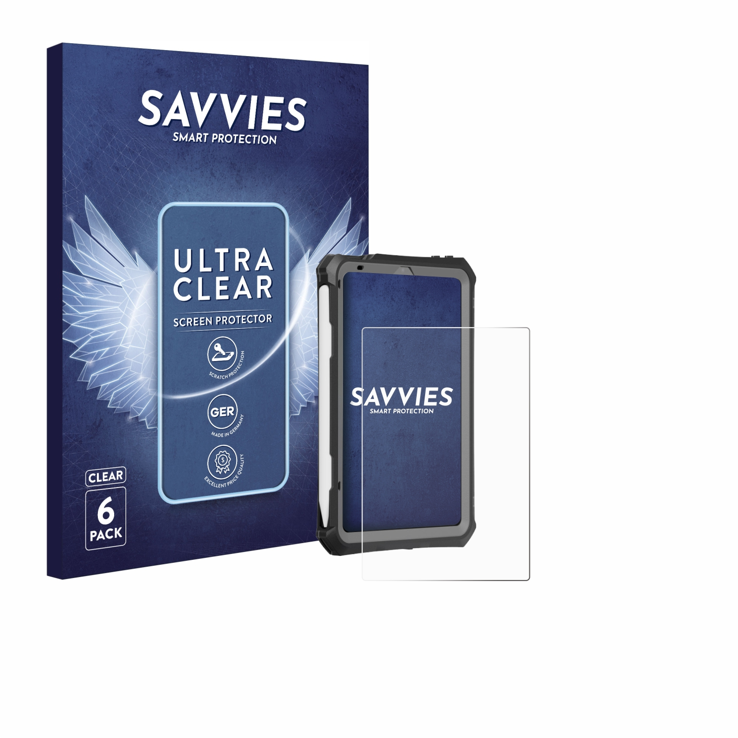 Ein Handycase mit Displayschutz. Auf der Box steht 'SAVVIES', 'ULTRA CLEAR', 'SCREEN PROTECTOR', '6 PACK'.